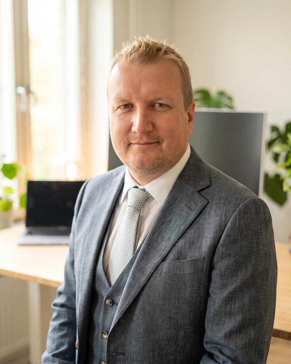 Jani Puotiniemi harmaassa puvussa työpisteensä edessä.