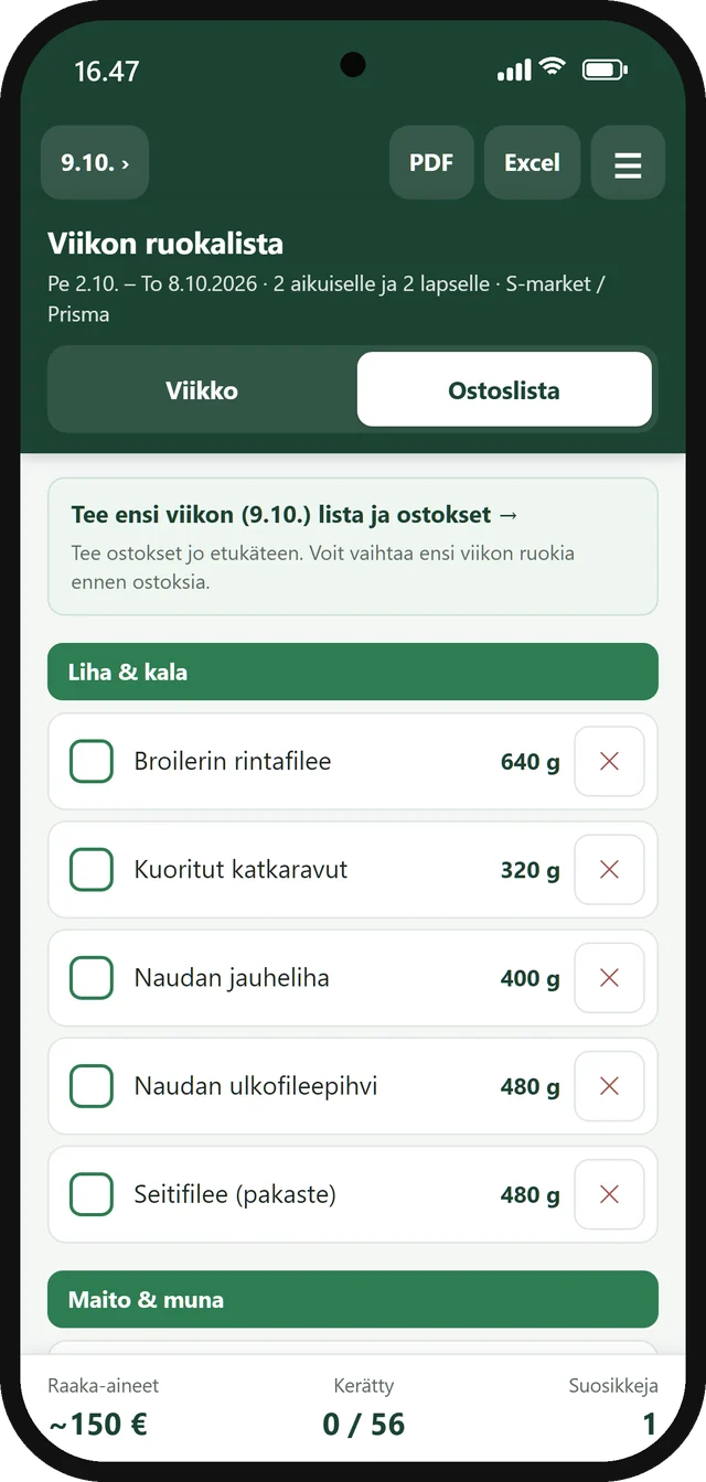 Viikon ruoka -sovelluksen ostoslista kaupan osastoittain.