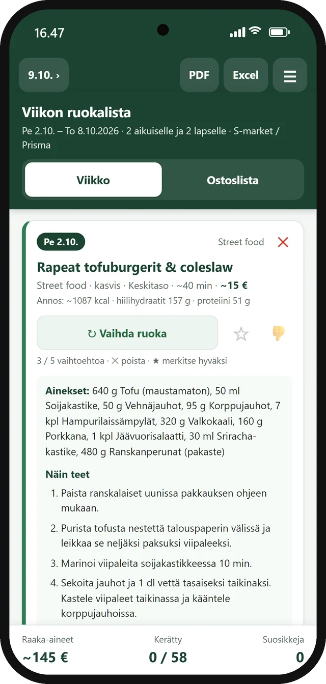 Viikon ruoka -sovelluksen viikkonäkymä: perjantain ateriana rapeat tofuburgerit ja coleslaw.